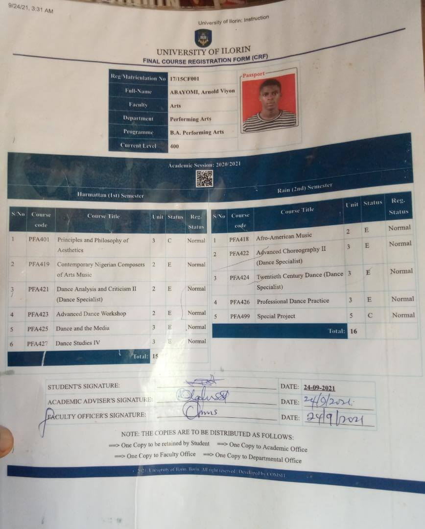 Unilorin course registration form - Abayomi Arnold Viyon