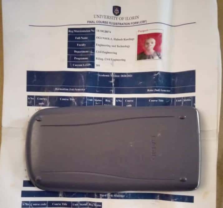 Lost and Found Casio calculator and courseform - Ogunsola Habeeb Rawlings