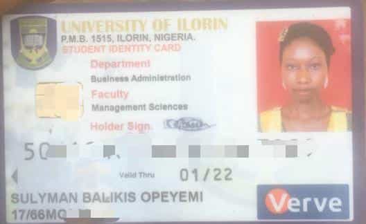 Student identity card university of Ilorin - Sulyman Balikis Opeyemi