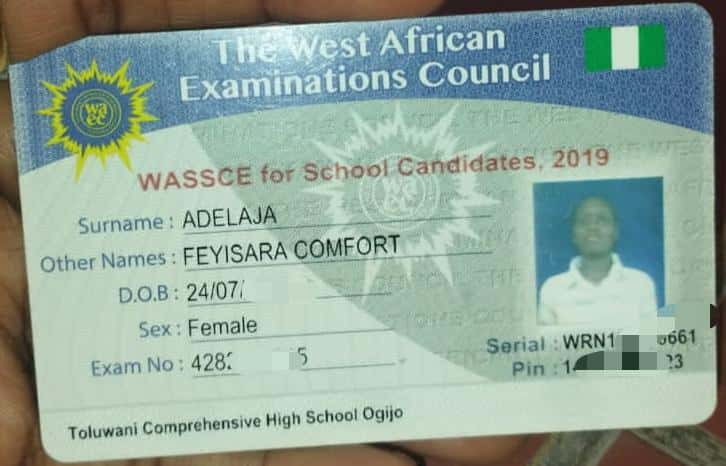 Waec id card belonging to adelaja Feyisara comfort