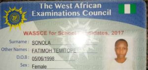 Found Waec card Sonolq Fatimoh Temitope