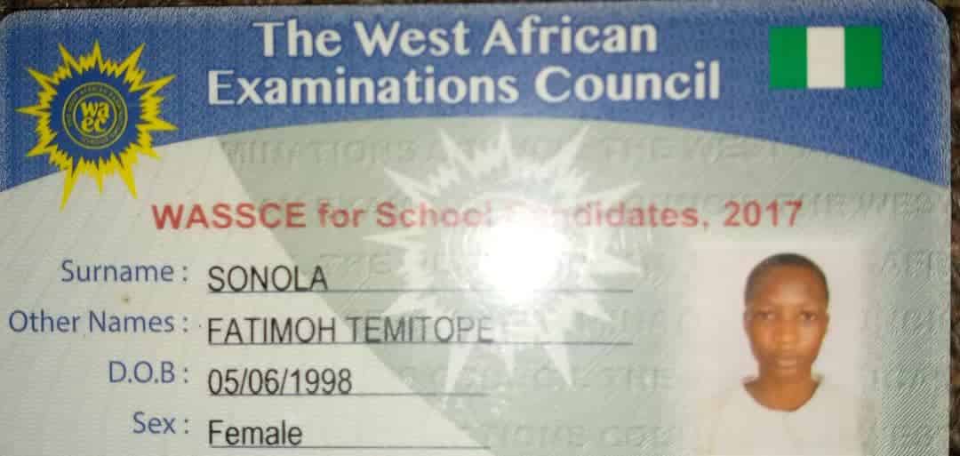 Found Waec card Sonolq Fatimoh Temitope