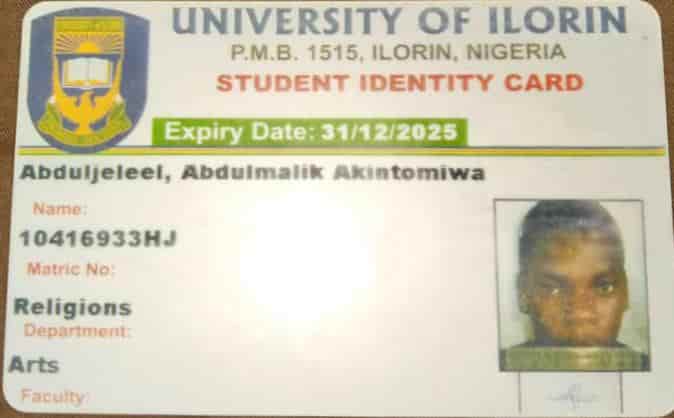 Found university of ilorin student identity card Abduljeleel Abdulmalik Akintomiwa